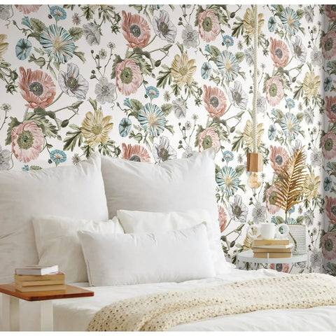 Bedroom with vintage poppy pink peel and stick wallpaper for walls easy removable no mess no residue easy peasy DIY install