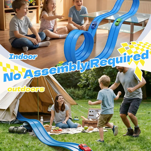 Flexible Kids Race Track, Fifteen Foot Roll Up Two Lane Car Track With Strong Suction Cups And Diecast Cars In One Sixty Four Scale used indoors and outdoors