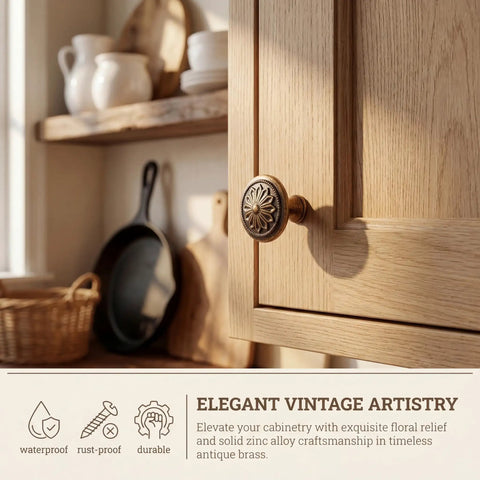 Antique Brass Cabinet Knobs 10 Pack Tough As Nails Heavy Duty Zinc Alloy Round 1.4 Inch Dia on wooden cabinet door
