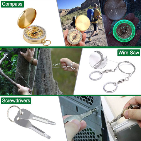 35 In 1 Survival Kit With First Aid Essentials For Camping And Outdoors showing compass, wire saw, screwdrivers in use