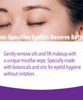 iVIZIA eyelid cleansing wipes banner showing 20 sterile single-use wipes preservative-free no-rinse