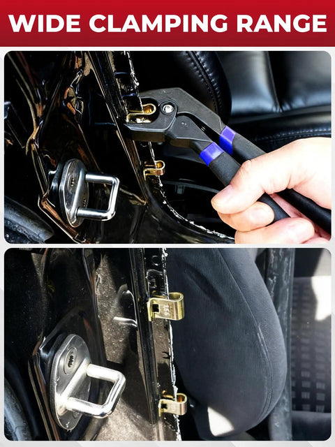 11 Piece Panel Fixing Clamps With Pliers for Auto Body Work, angled reach, demonstrating clamping on car door frame, rust resistant