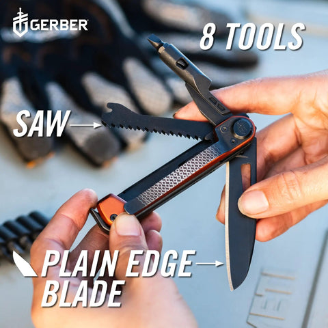 Person holding 8 In 1 EDC Multitool Pocket Knife With Blade Pry Bar Hammer Saw Bottle Opener And Two Sided Quarter Inch Bit Driver