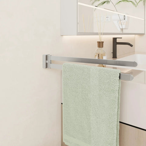 Swivel Towel Bar Two Arms Wall Mount In Brushed Nickel Heavy Duty Stainless Steel Towel Hanger in bathroom with towel