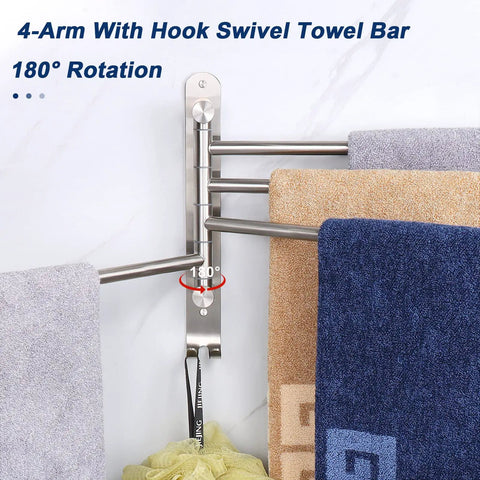 Swivel Towel Rack With 4 Arm Design, 13.8 Inch 304 Stainless Steel Wall Mounted Towel Holder, holding four towels