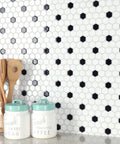 Glossy White 1-Inch Hex Porcelain Mosaic Tile With Black Dot For Floor And Wall Use Slick Mesh Mounted on kitchen backsplash