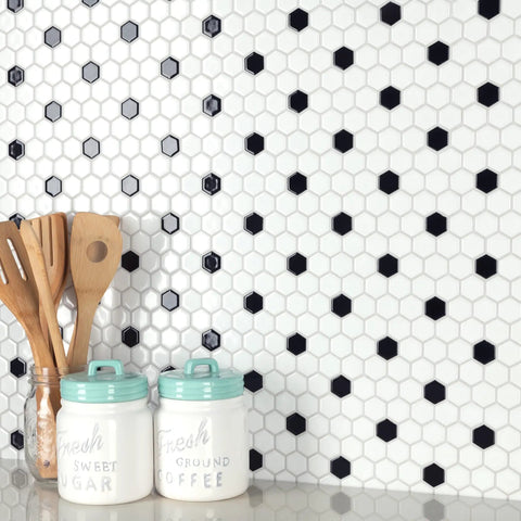 Glossy White 1-Inch Hex Porcelain Mosaic Tile With Black Dot For Floor And Wall Use Slick Mesh Mounted on kitchen backsplash