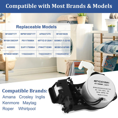 Upgraded High Torque Washer Shift Actuator Compatible With W11481722 And W10913953 Washing Machine Cycle Selector Motor Replaces 49Tyz E120A1 shown with compatible brands and models.