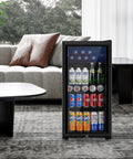 Small But Mighty Beverage Refrigerator With Double Glass Door, 3.2 Cu Ft Mini Fridge For Soda Beer Or Wine, in a living room