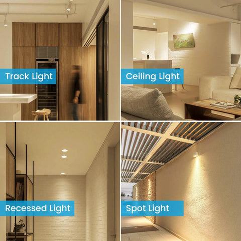 Dimmable MR16 LED Bulbs 12V 5W 50W Equivalent 3000K Warm White GU5 Pin 40 Degree Beam in various lighting setups.