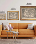 Vintage Rowing Boat Ocean Journey Poster Canvas Print, framed, on living room wall above a sofa, 24x32 inch size
