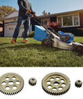 Man mowing lawn with blue and silver mower; 48 To 51 Mm Chainsaw Gear For Lawn Mower Corner Hole Assembly Power Transmission Heavy Duty Metal Gear