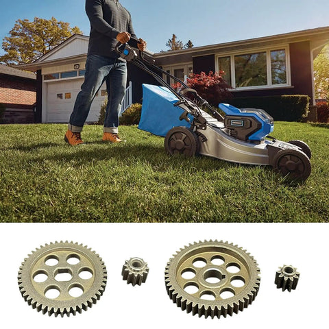 Man mowing lawn with blue and silver mower; 48 To 51 Mm Chainsaw Gear For Lawn Mower Corner Hole Assembly Power Transmission Heavy Duty Metal Gear