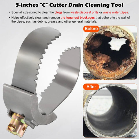 Heavy Duty C Cutter Cable Coupling Drain Cleaning Tool For Three Inch And Five Eighth Inch Drums Fits C4 C6 C7 C9 And All IW Cables Compatible With K400 K3800 K50 Drum Machines with before and after pipe cleaning results.