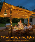 Family enjoying dinner under canopy with Solar Camping String Lights 33ft 100 LED With 9 Modes USB C Rechargeable Quick Storage.