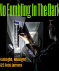 Man using flashlight to check electrical panel, "No Fumbling In The Dark" text, 525 lumens, power tools visible