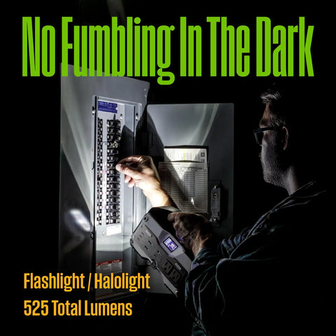 Man using flashlight to check electrical panel, "No Fumbling In The Dark" text, 525 lumens, power tools visible