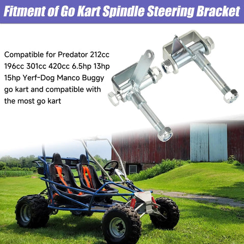 Go Kart Steering Spindle Bracket Set With Five Eighths Inch Axle And Rod End Ball Joint next to blue and orange go kart