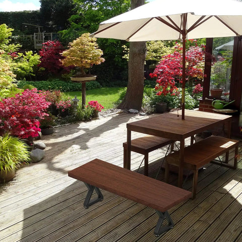 Outdoor patio with wooden table and bench featuring Heavy Duty 16 Inch Metal Bench And Table Leg Set In Black With Z Shape Design