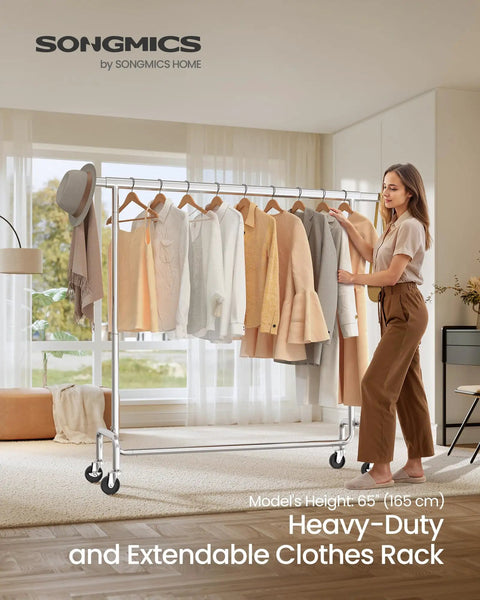 Heavy Duty Rolling Clothes Rack With Extendable Hanging Rod And Hella Sturdy Steel Frame Built Tough To Handle Maximum Load Smooth Glide Casters Save Your Back And Declutter Your Space Fast