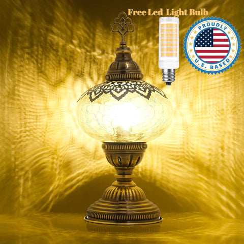 Cracked Clear Moroccan Mosaic Table Lamp With Handmade Turkish Glass Light Bulb Included, glowing in a cozy setting