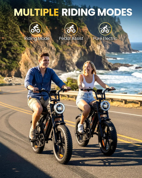 Couple riding All Terrain Fat Tire Electric Bike For Adults With 1500W Peak Power Up To 33 MPH along scenic coastal road.