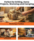 Person using tools in workshop, person reading with adjustable light, and camping scene with portable battery-powered light.