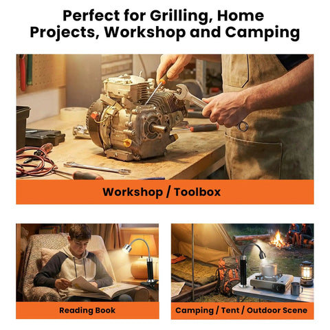 Person using tools in workshop, person reading with adjustable light, and camping scene with portable battery-powered light.
