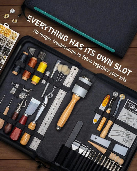 Leather Tooling Kit For Beginners With 458 Pcs Pro Gear Tools And Supplies Plus A Handy Guide And Organizer displayed in open case