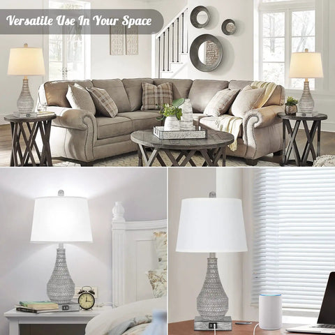 Two Pack Farmhouse Table Lamps With USB Ports For Bedroom Nightstand, 23 Inch Gray Vase Bases And White Shades in living room
