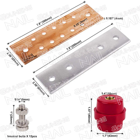 Wall Mounted Copper Ground Bar Kit With Five Sixteenth Inch Bus Bar And Ten Terminal Positions UL Recognized SM40 Insulators Uimp Up To 6KV, includes copper and stainless bars, red insulator, bolts.
