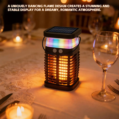 Must Have All In One Solar Mosquito Zapper For Indoor And Outdoor Use with RGB light on dining table, rechargeable and waterproof.