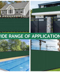 Four applications of Six Foot By Fifty Foot Fence Privacy Screen For Outdoors with Heavy Duty 220 GSM HDPE cover in green settings.