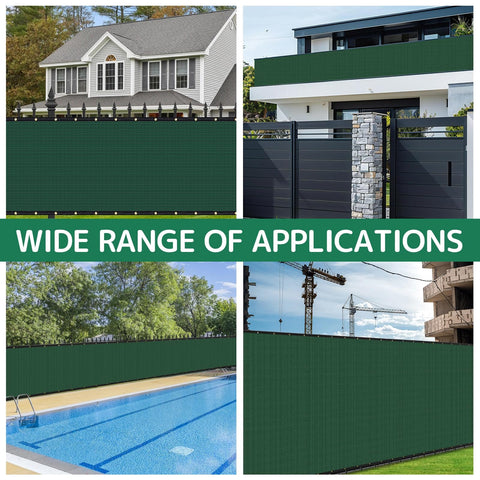 Four applications of Six Foot By Fifty Foot Fence Privacy Screen For Outdoors with Heavy Duty 220 GSM HDPE cover in green settings.