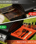 Silicone Grill Mat For Blackstone 16x11.5 Inch Non Slip Tool Mat With Sauce Drip Pad And Wavy Grip shown with organized tools