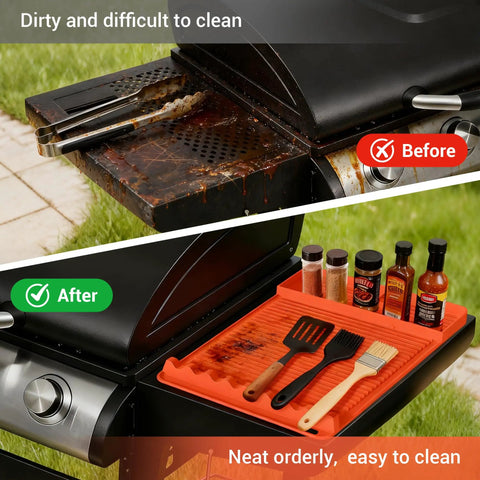 Silicone Grill Mat For Blackstone 16x11.5 Inch Non Slip Tool Mat With Sauce Drip Pad And Wavy Grip shown with organized tools