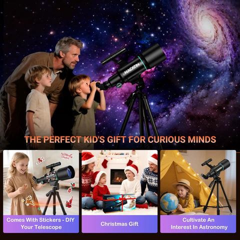 Family using 70mm Refractor Telescope Kit For Kids And Adults Portable 300mm Focal Length With Three Eyepieces under stars.