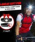 Man cycling with USB Rechargeable Headlamp Flashlight For Runners Camping And Outdoor Adventures With Bright LED Beams Black 2 Pack