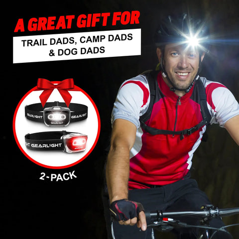 Man cycling with USB Rechargeable Headlamp Flashlight For Runners Camping And Outdoor Adventures With Bright LED Beams Black 2 Pack