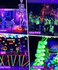 50W LED Black Lights With Switch And Plug Two Pack IP66 Waterproof For Indoor And Outdoor Glow Creates Realistic Fluorescent Effects With 385 To 400 Nanometer Light Party Ready Glow For Parties Venues And Home Rooms Up To 10x10 Feet. Halloween glow party, birthday decor, and body paint shown.