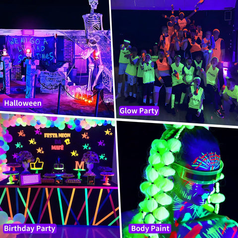 50W LED Black Lights With Switch And Plug Two Pack IP66 Waterproof For Indoor And Outdoor Glow Creates Realistic Fluorescent Effects With 385 To 400 Nanometer Light Party Ready Glow For Parties Venues And Home Rooms Up To 10x10 Feet. Halloween glow party, birthday decor, and body paint shown.