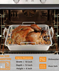 16 Inch Roasting Pan With V Shaped Rack And Baking Rack, Heavy Duty Stainless Steel Deep Broiling Pan With Handles For Turkey, Chicken, Lasagna And Roasts, Dishwasher Safe And Oven Safe Up To 450 Degrees Fahrenheit with turkey in oven