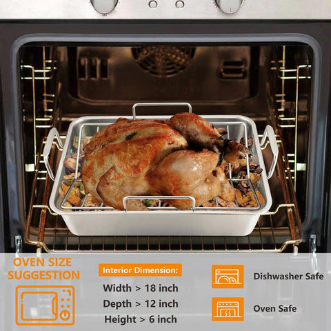 16 Inch Roasting Pan With V Shaped Rack And Baking Rack, Heavy Duty Stainless Steel Deep Broiling Pan With Handles For Turkey, Chicken, Lasagna And Roasts, Dishwasher Safe And Oven Safe Up To 450 Degrees Fahrenheit with turkey in oven