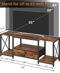 Industrial Rustic Brown TV Stand With Two Fabric Drawers And Open Shelving Spacious 55 Inch Entertainment Console dimensions diagram