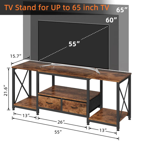 Industrial Rustic Brown TV Stand With Two Fabric Drawers And Open Shelving Spacious 55 Inch Entertainment Console dimensions diagram