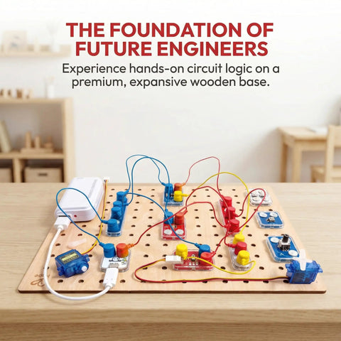 Circuit Explorer Boost Kit for Kids 8 and Up DIY Electronics Lab With 40 Piece Set Motor And LED Lights Cool Hands On STEAM Experiments For Curious Builders, wooden circuit board