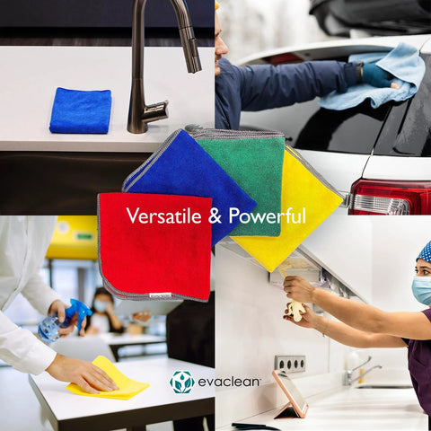 Collage featuring Premium Microfiber Cleaning Towels 16x16 12 Pack Yellow Reusable in various cleaning scenarios