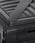 Close-up of black 80 Gallon Garden Compost Bin Made From BPA Free Material, highlighting lid and aeration slots for fast fertile soil creation.