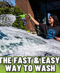 Person using Foam Blaster 6 Car Wash Gun And Chenille Microfiber Wash Mitt Kit on car with thick suds from garden hose