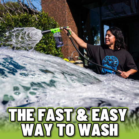 Person using Foam Blaster 6 Car Wash Gun And Chenille Microfiber Wash Mitt Kit on car with thick suds from garden hose